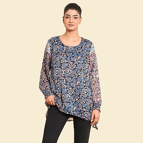 TAMSY Floral & Leaves Pattern Top (Size 10) - Blue & Black