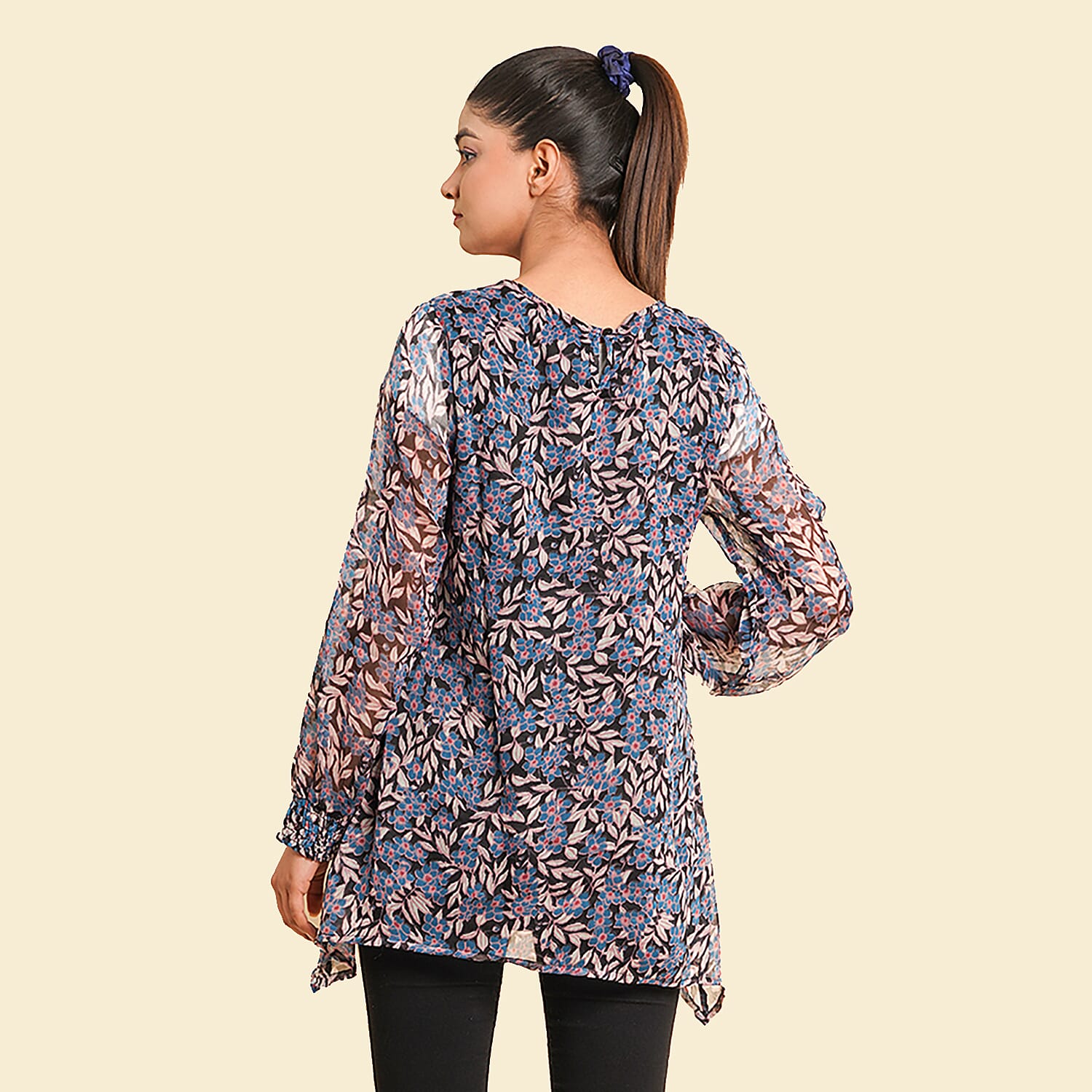 TAMSY Floral & Leaves Pattern Top (Size 10) - Blue & Black