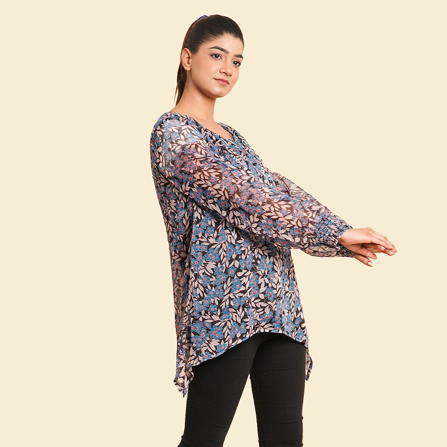 TAMSY Floral & Leaves Pattern Top (Size 10) - Blue & Black