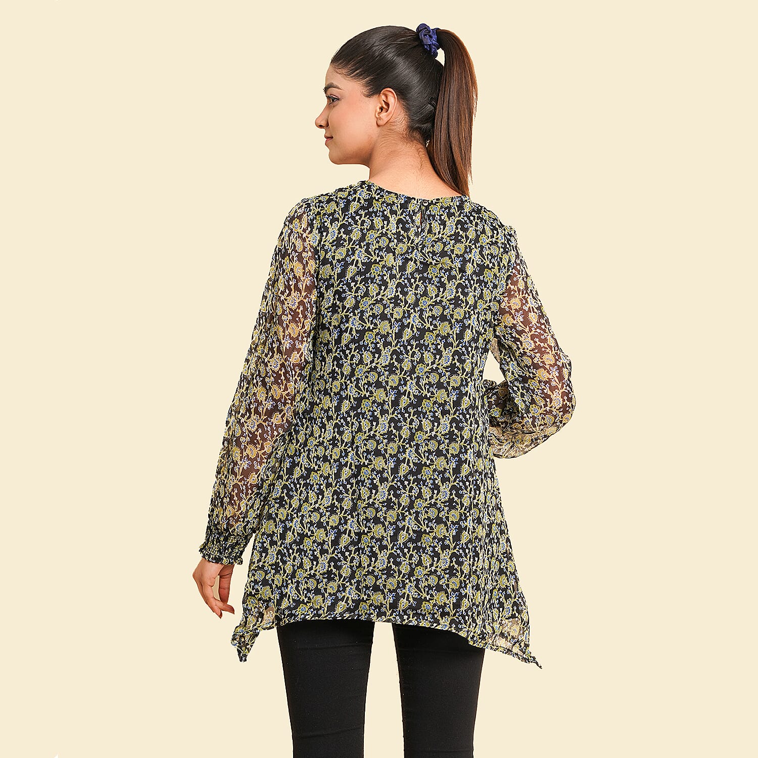 TAMSY Floral Pattern Top (Size 14) - Green & Black