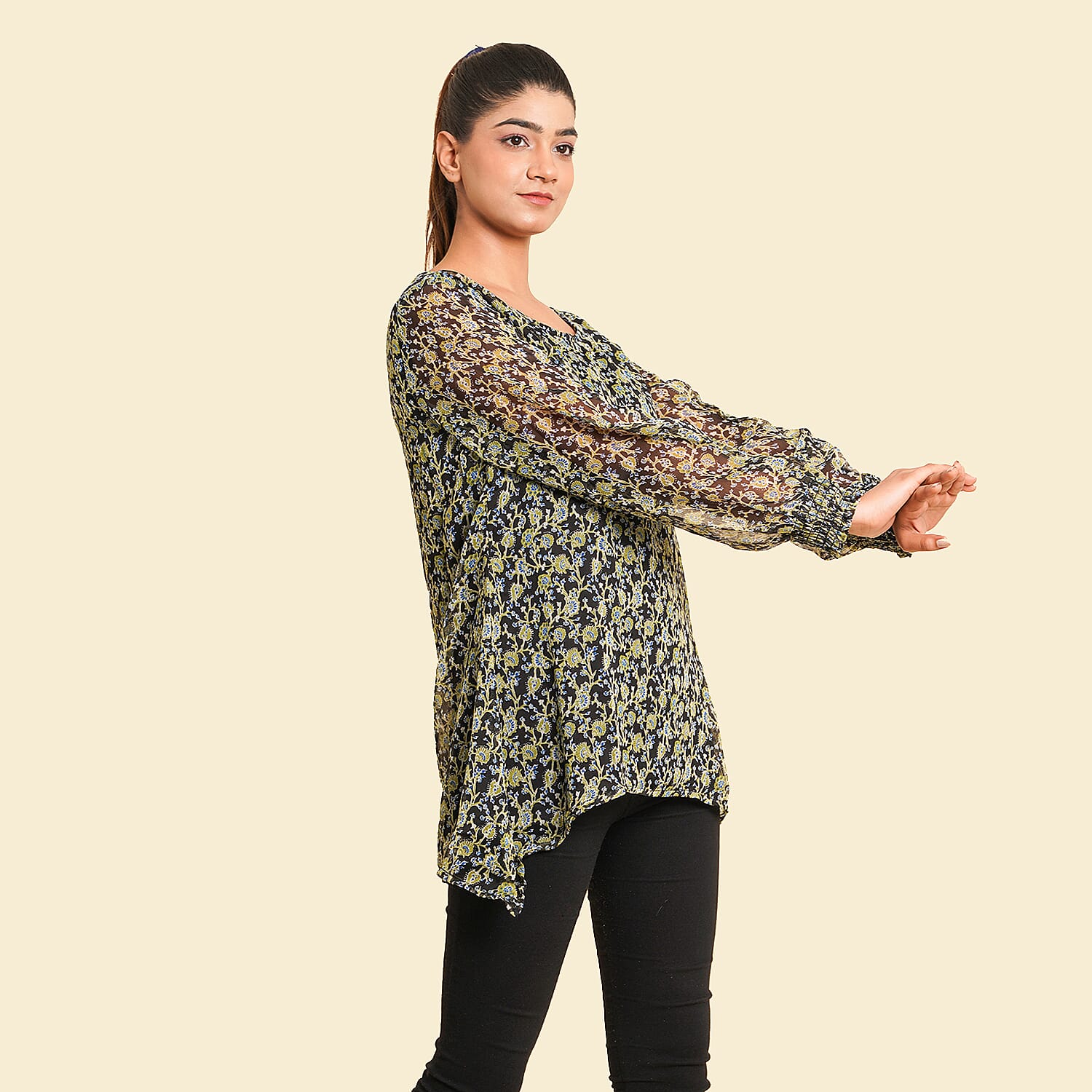 TAMSY Floral Pattern Top (Size 14) - Green & Black