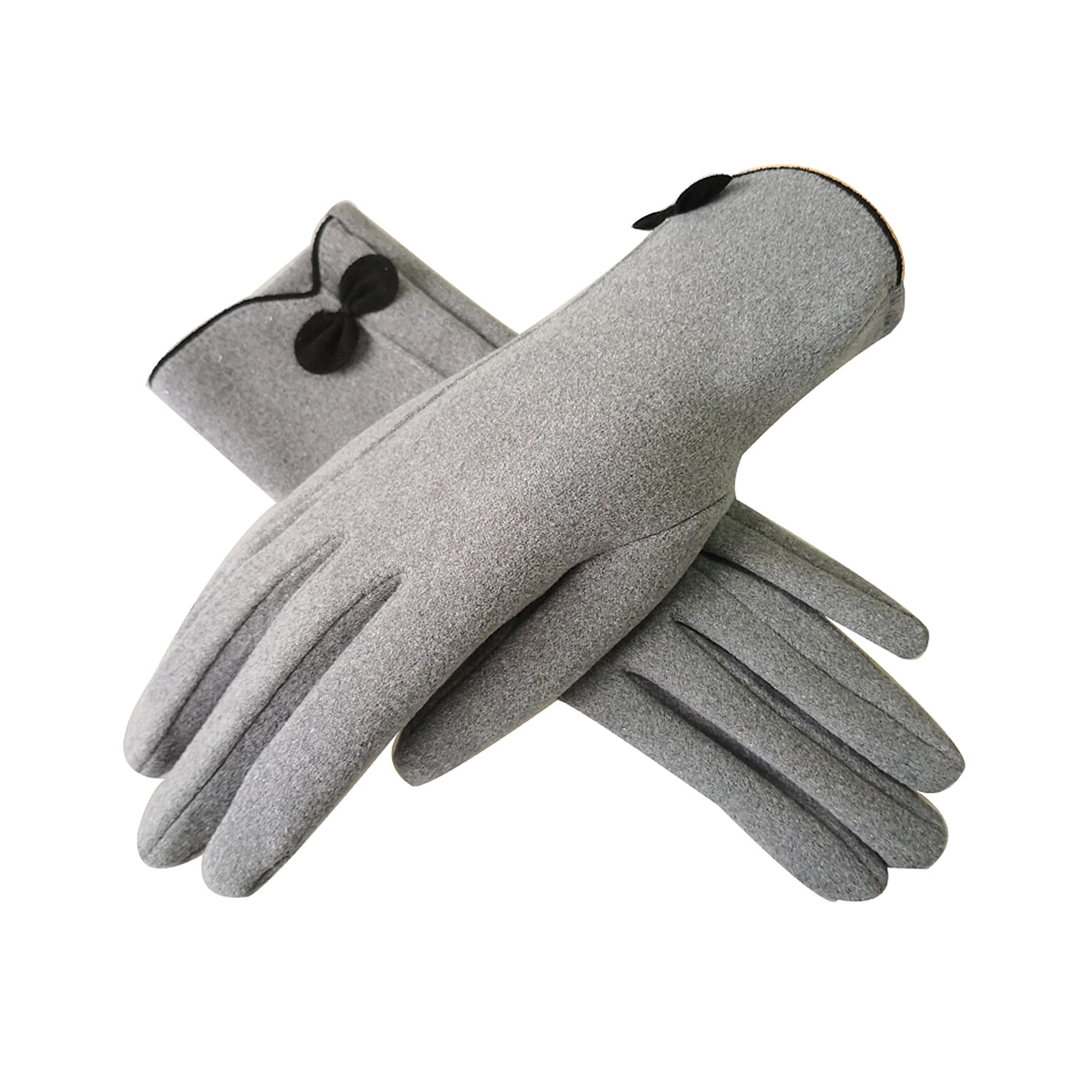 Soft Suedette Gloves with Small Bow Detail (One Size) - Grey
