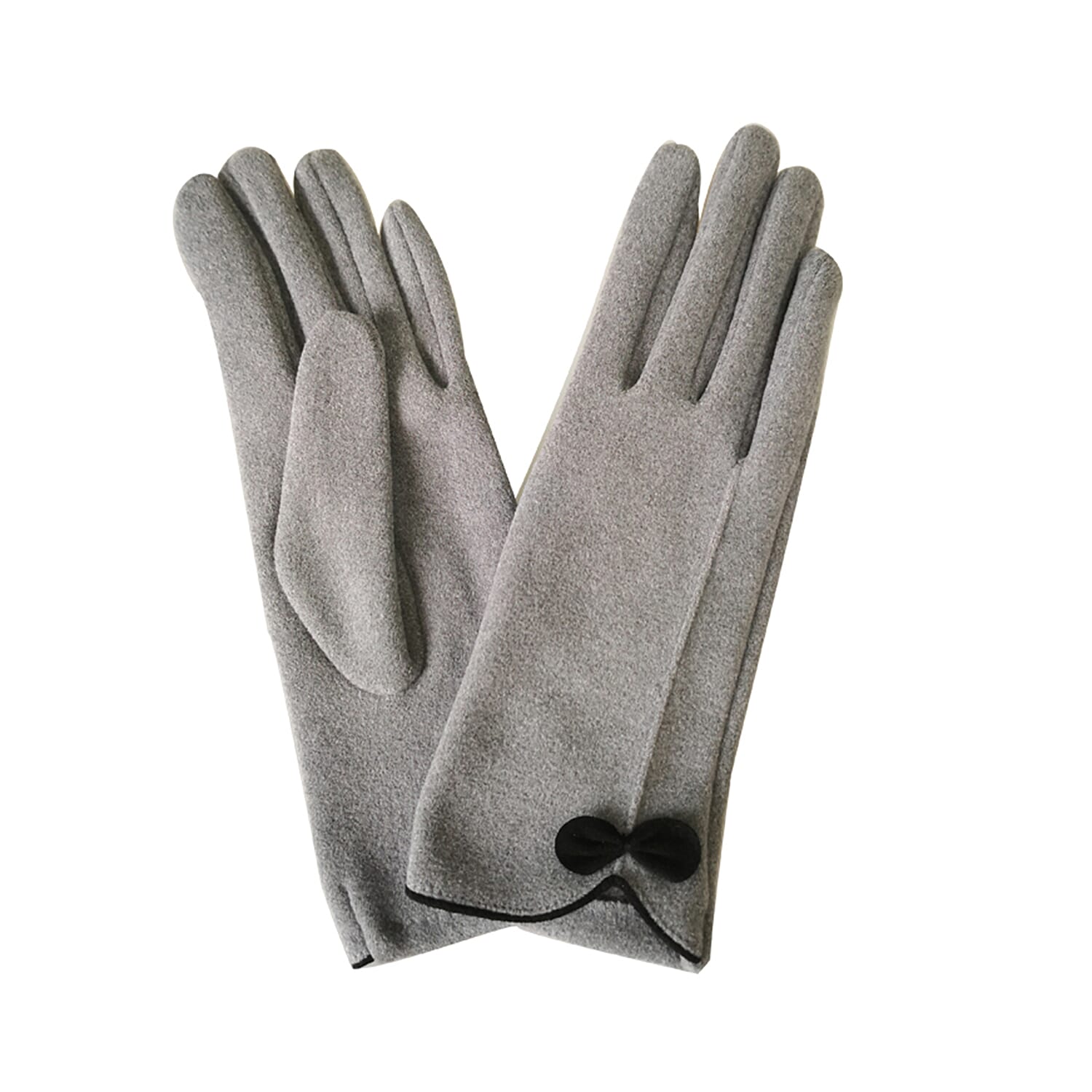 Soft Suedette Gloves with Small Bow Detail (One Size) - Grey