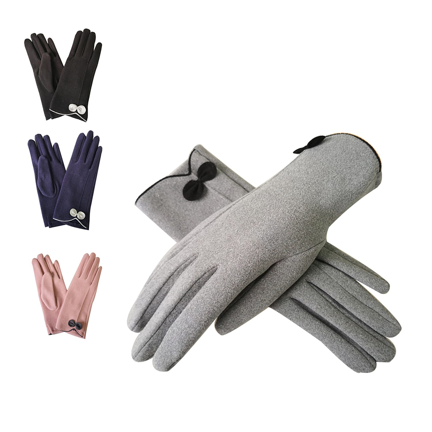 Soft Suedette Gloves with Small Bow Detail (One Size) - Grey