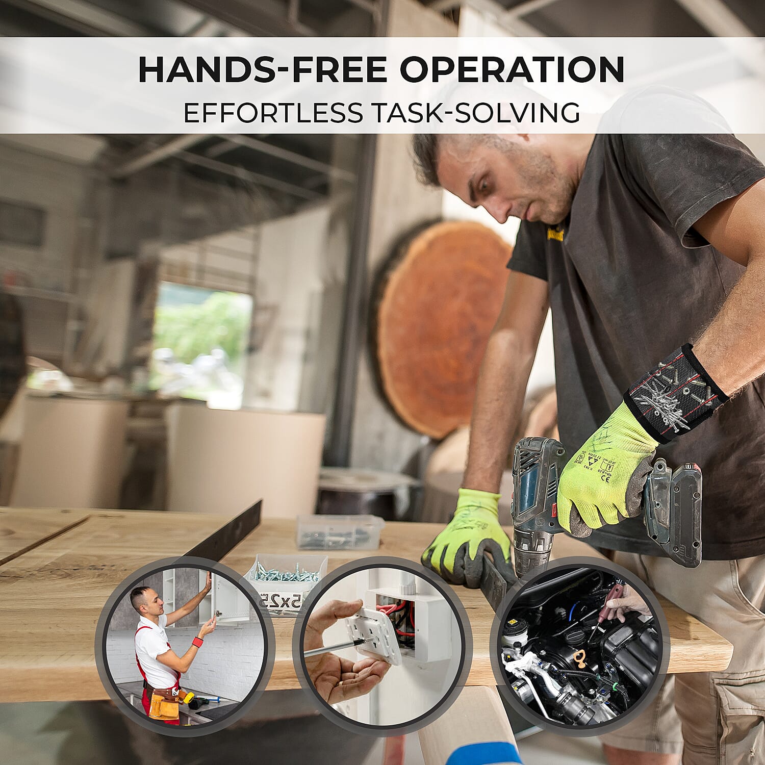 Magnetic Wristband with 15 Powerful Magnets for Holding Tools (Size 37x9 Cm) - Black