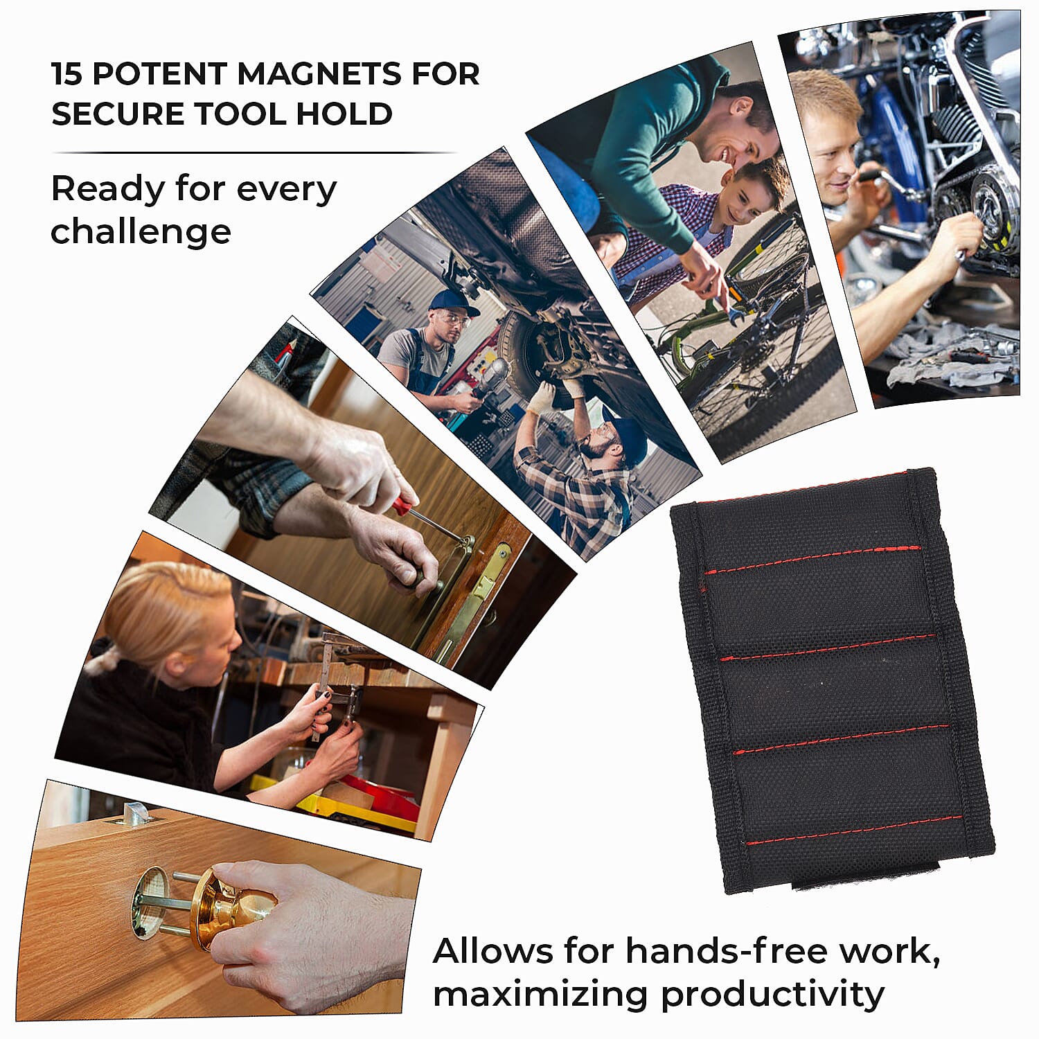 Magnetic Wristband with 15 Powerful Magnets for Holding Tools (Size 37x9 Cm) - Black
