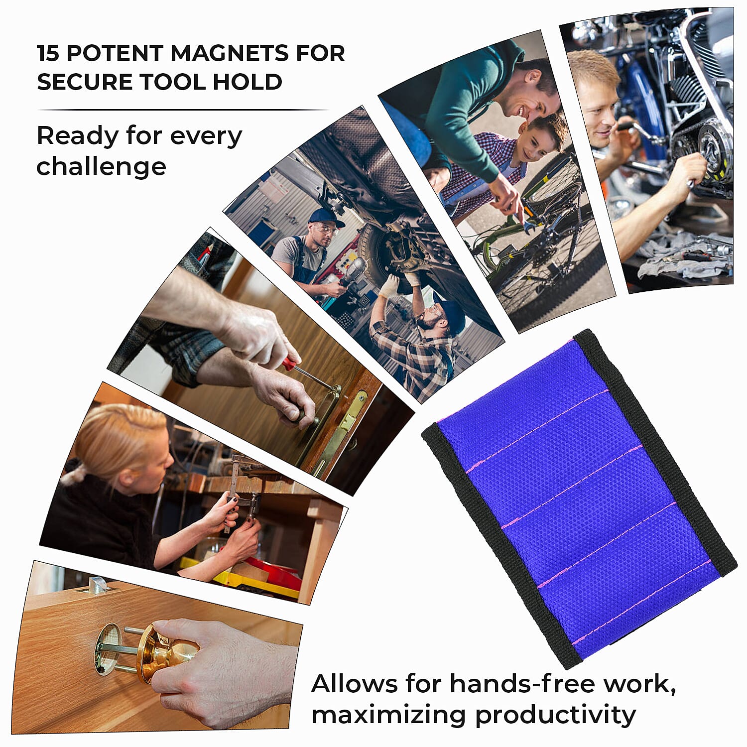 Magnetic Wristband with 15 Powerful Magnets for Holding Tools (Size 37x9 Cm) - Blue