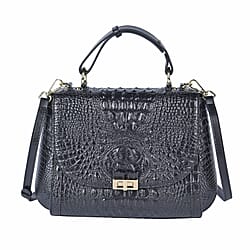 Genuine Leather Croc Embossed Convertible Bag with Detachable Long Strap - Black
