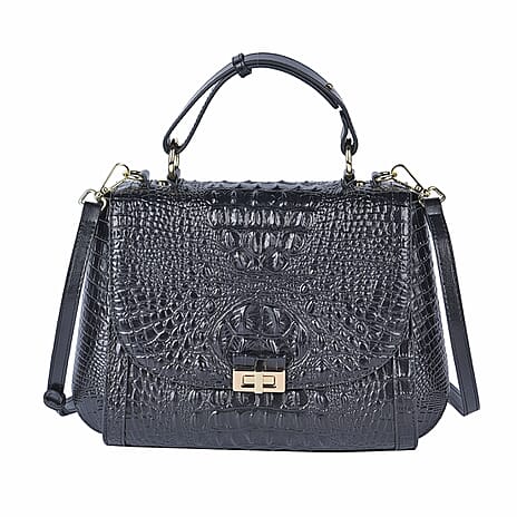 100% Genuine Leather Croc Embossed Convertible Bag with Detachable Long Strap - Black