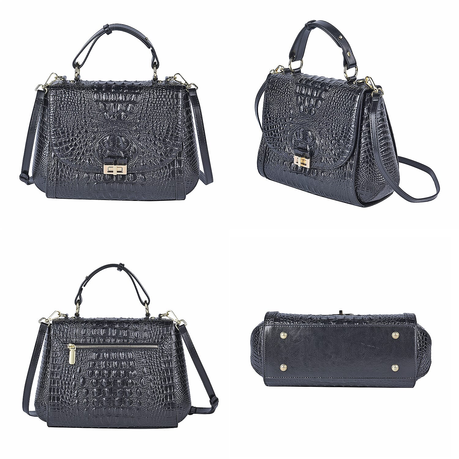 Black Friday Doorbuster - 100% Genuine Leather Croc Embossed Convertible Bag with Detachable Long Strap - Black