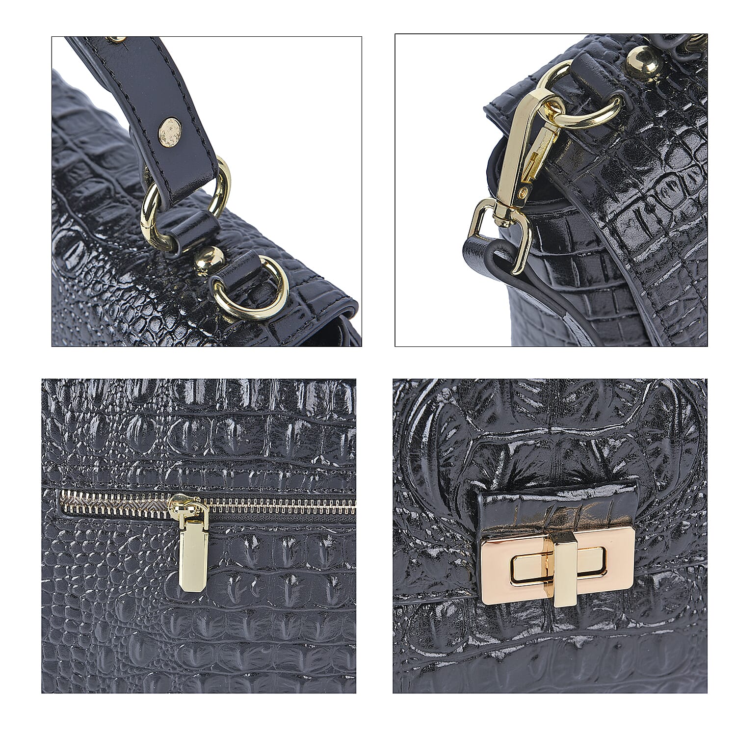 Black Friday Doorbuster - 100% Genuine Leather Croc Embossed Convertible Bag with Detachable Long Strap - Black