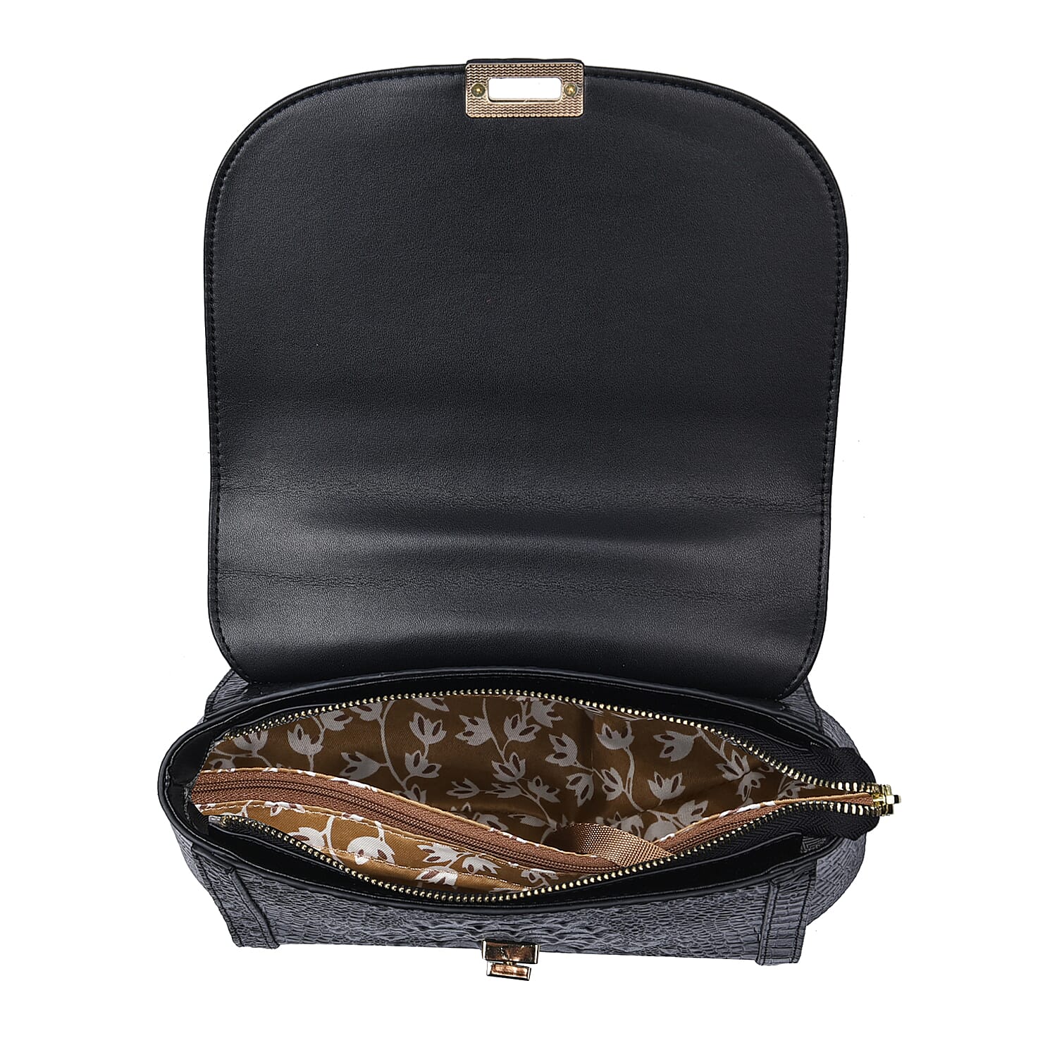 Black Friday Doorbuster - 100% Genuine Leather Croc Embossed Convertible Bag with Detachable Long Strap - Black