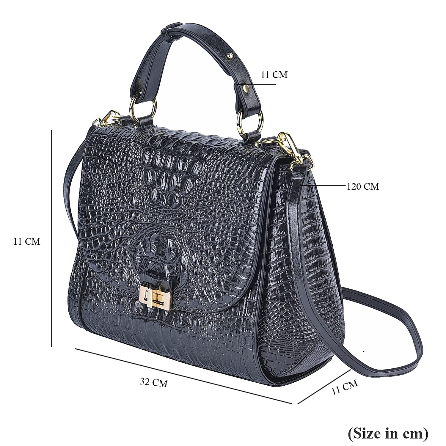 Black Friday Doorbuster - 100% Genuine Leather Croc Embossed Convertible Bag with Detachable Long Strap - Black