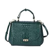 100% Genuine Leather Croc Embossed Convertible Bag with Detachable Long Strap - Green