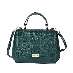 100% Genuine Leather Croc Embossed Convertible Bag with Detachable Long Strap (Size 32x22x11 cm) - Green