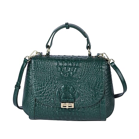 100% Genuine Leather Croc Embossed Convertible Bag with Detachable Long Strap - Green