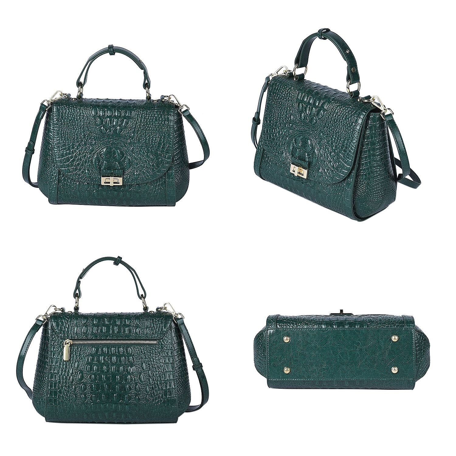 100% Genuine Leather Croc Embossed Convertible Bag with Detachable Long Strap - Green
