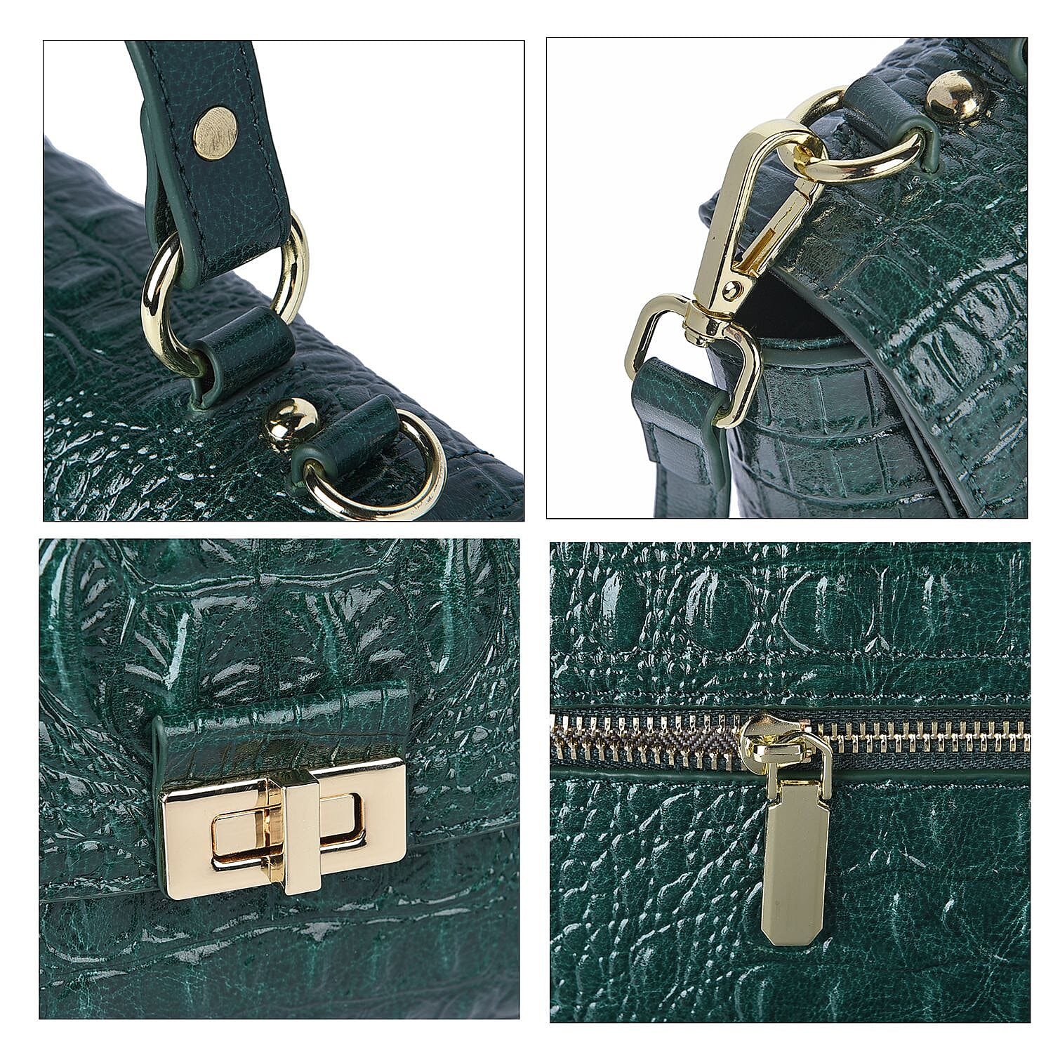 100% Genuine Leather Croc Embossed Convertible Bag with Detachable Long Strap - Green