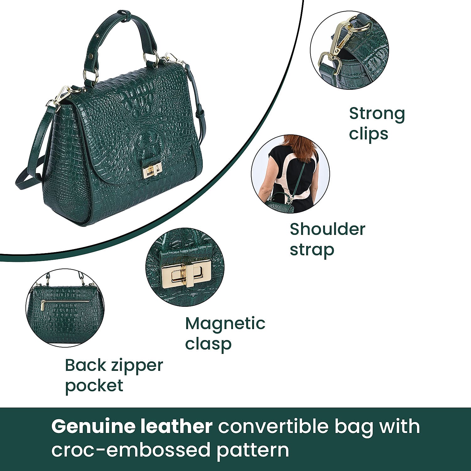 100% Genuine Leather Croc Embossed Convertible Bag with Detachable Long Strap - Green