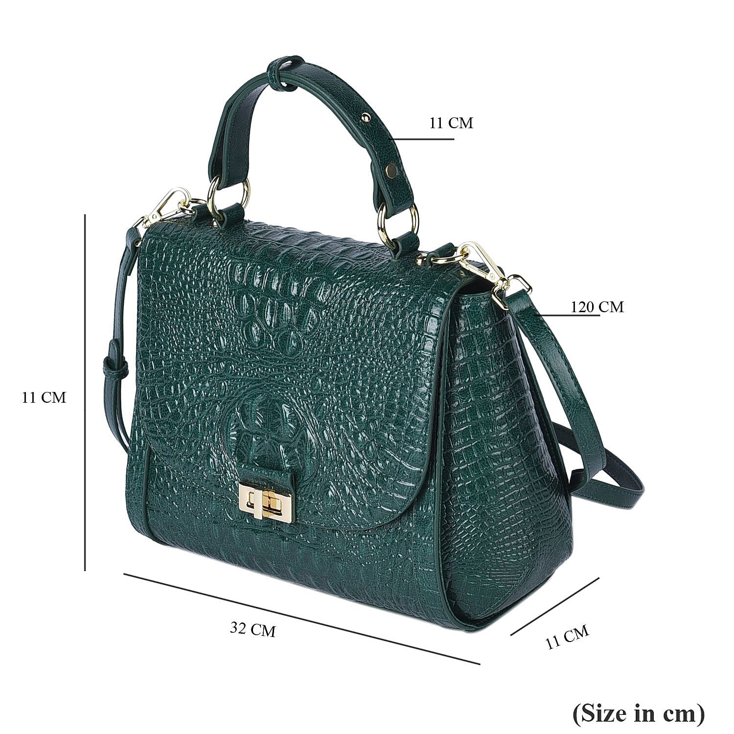 100% Genuine Leather Croc Embossed Convertible Bag with Detachable Long Strap - Green