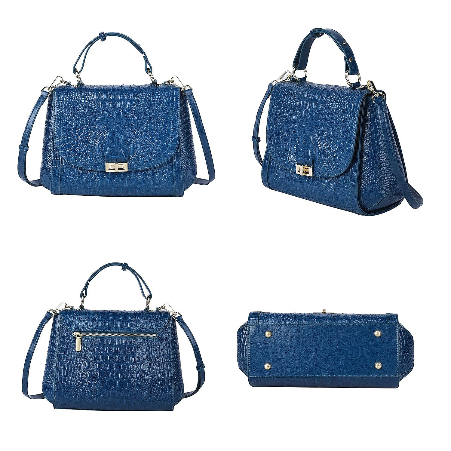 Black Friday Doorbuster - 100% Genuine Leather Croc Embossed Convertible Bag with Detachable Long Strap - Teal Blue