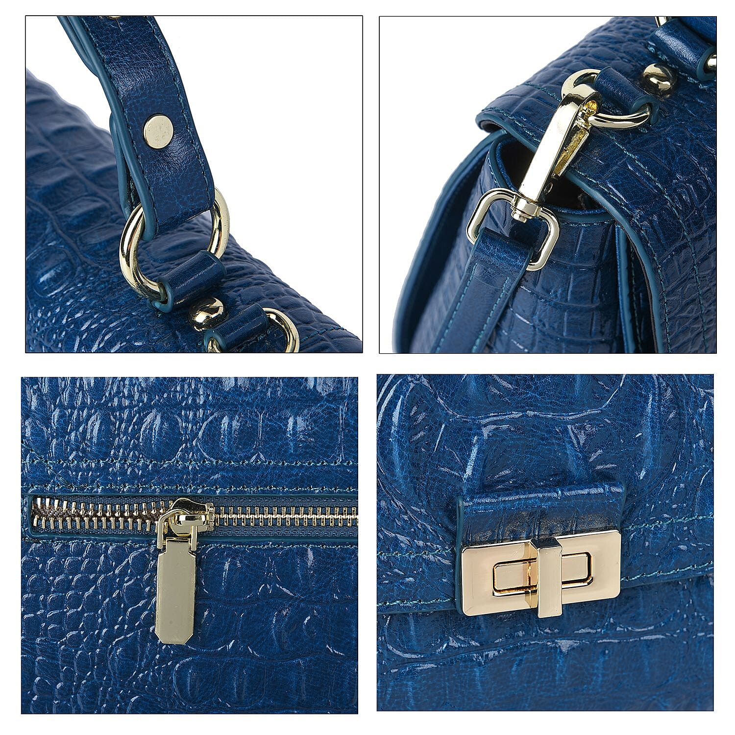 Black Friday Doorbuster - 100% Genuine Leather Croc Embossed Convertible Bag with Detachable Long Strap - Teal Blue