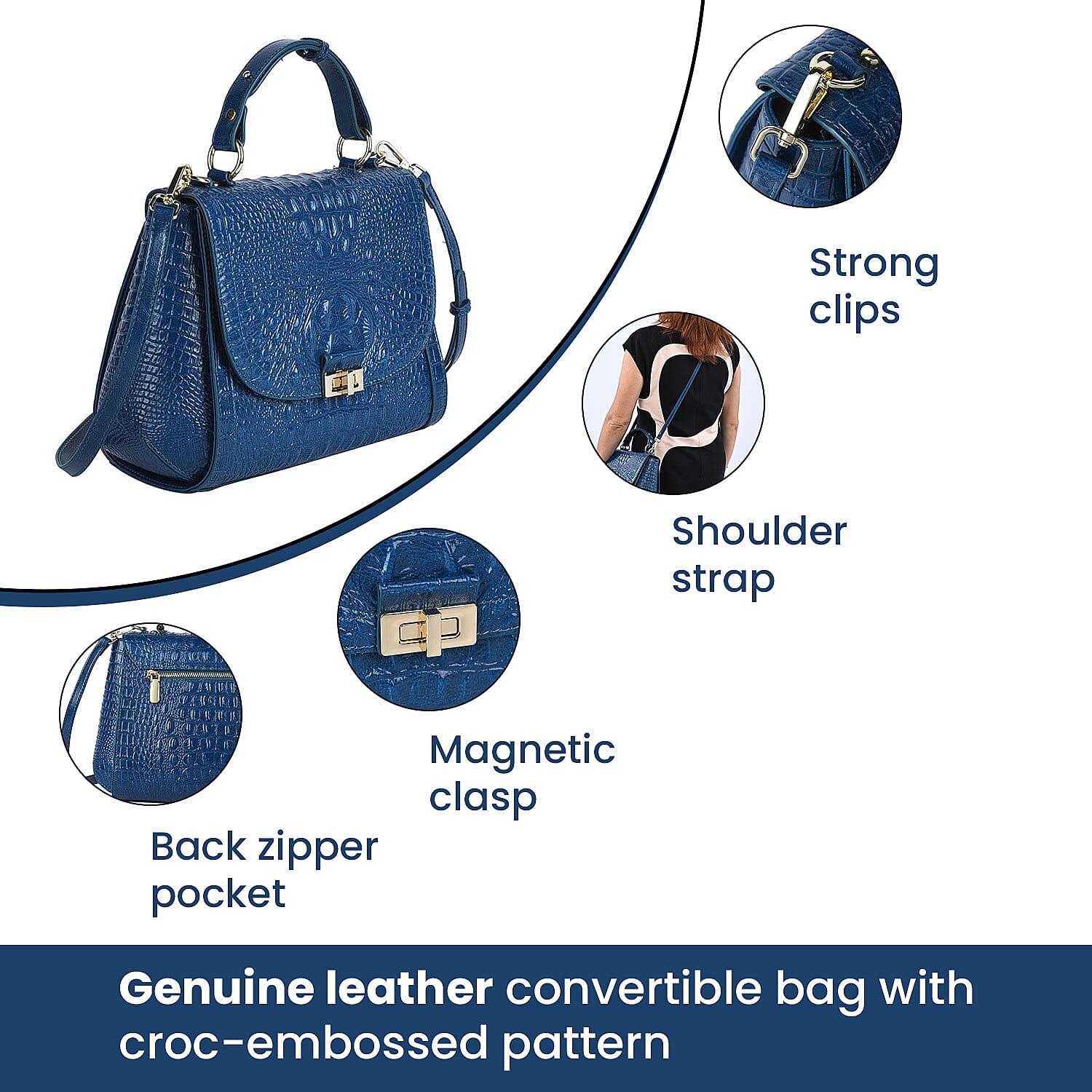 Black Friday Doorbuster - 100% Genuine Leather Croc Embossed Convertible Bag with Detachable Long Strap - Teal Blue