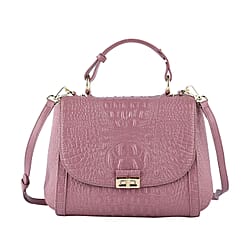 100% Genuine Leather Croc Embossed Convertible Bag with Detachable Long Strap (Size 32x22x11 cm) - Pink