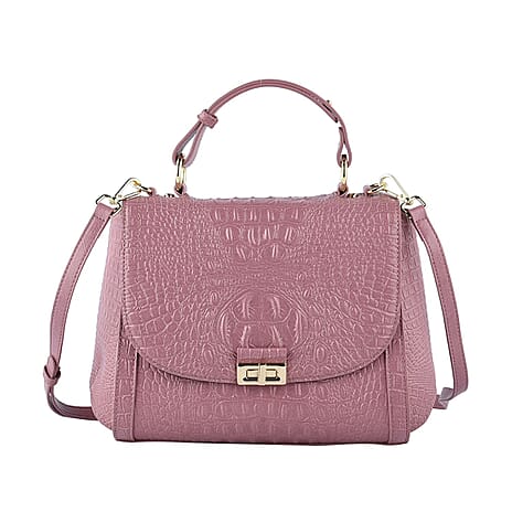 100% Genuine Leather Croc Embossed Convertible Bag with Detachable Long Strap - Dusky Pink