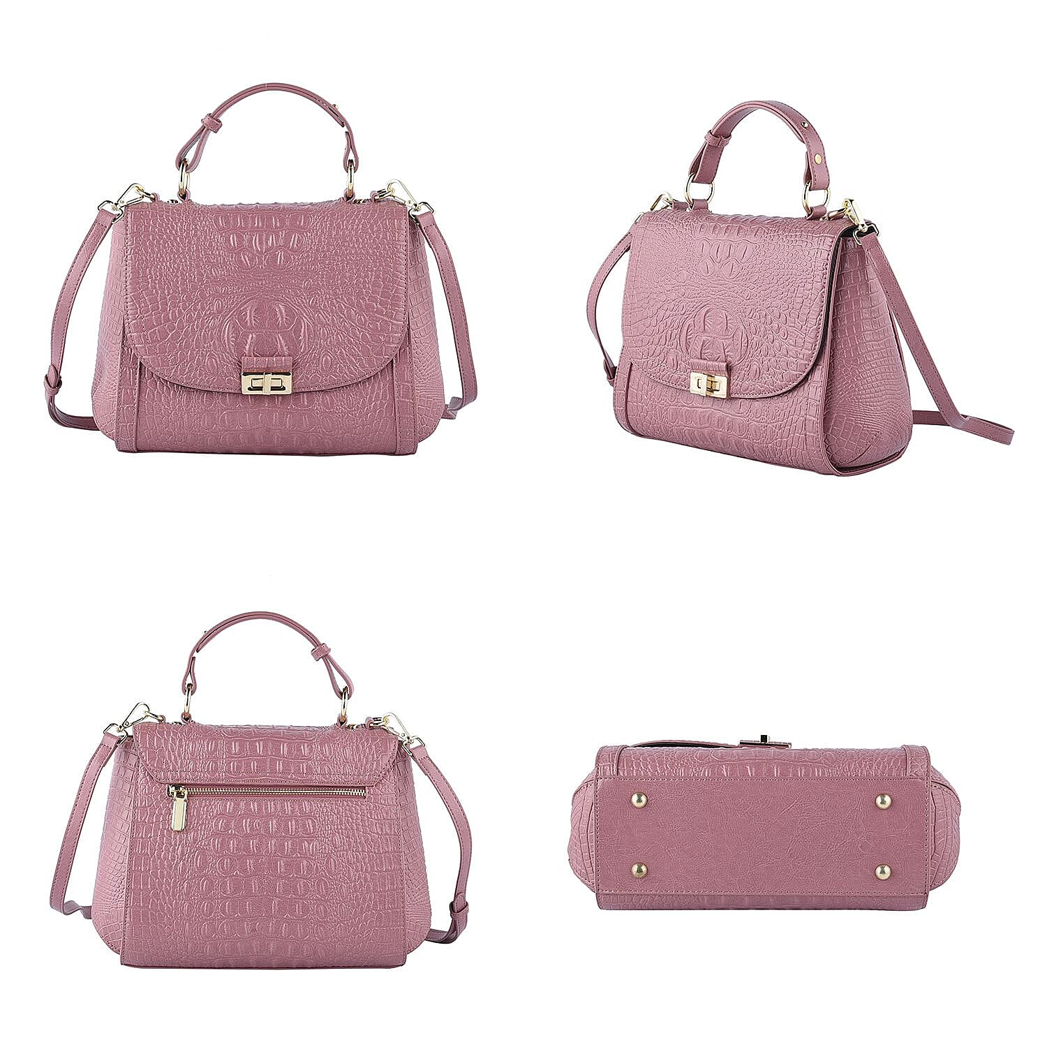 100% Genuine Leather Croc Embossed Convertible Bag with Detachable Long Strap - Dusky Pink