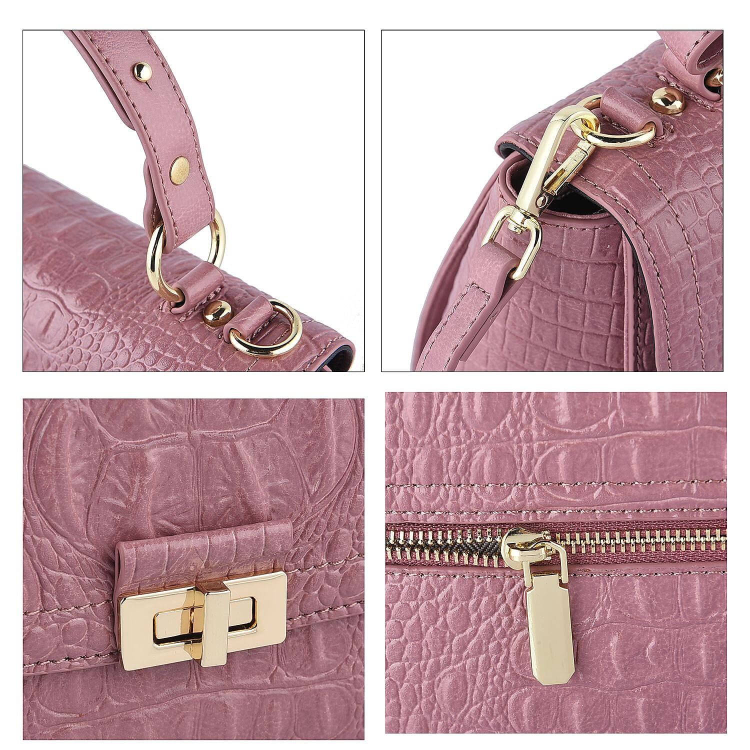 100% Genuine Leather Croc Embossed Convertible Bag with Detachable Long Strap - Pink