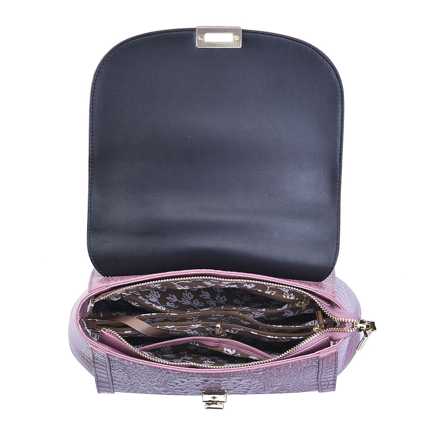 100% Genuine Leather Croc Embossed Convertible Bag with Detachable Long Strap - Pink