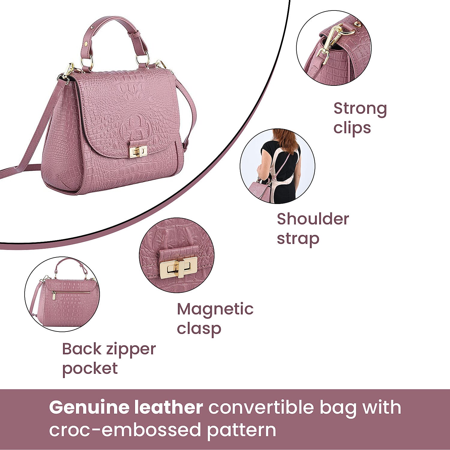100% Genuine Leather Croc Embossed Convertible Bag with Detachable Long Strap - Pink