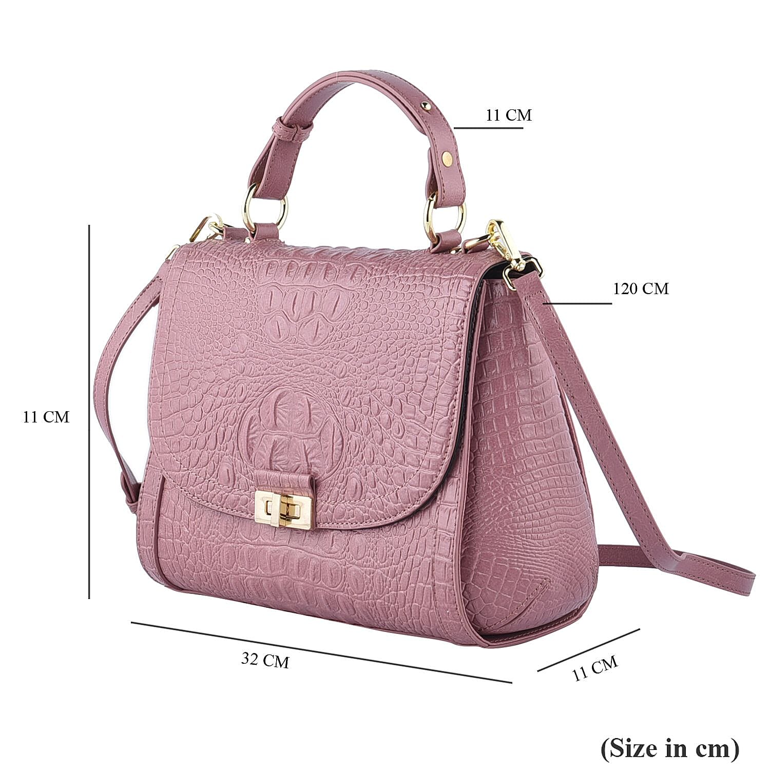 100% Genuine Leather Croc Embossed Convertible Bag with Detachable Long Strap - Pink