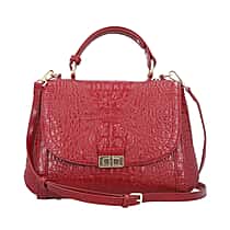 100% Genuine Leather Croc Embossed Convertible Bag with Detachable Long Strap - Red