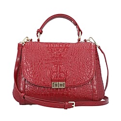 100% Genuine Leather Croc Embossed Convertible Bag with Detachable Long Strap (Size 32x22x11 cm) - Red