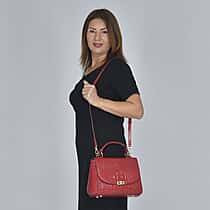 100% Genuine Leather Croc Embossed Convertible Bag with Detachable Long Strap - Red