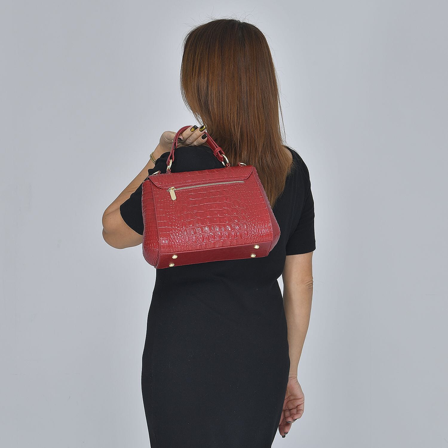 Black Friday Doorbuster - 100% Genuine Leather Croc Embossed Convertible Bag with Detachable Long Strap - Red