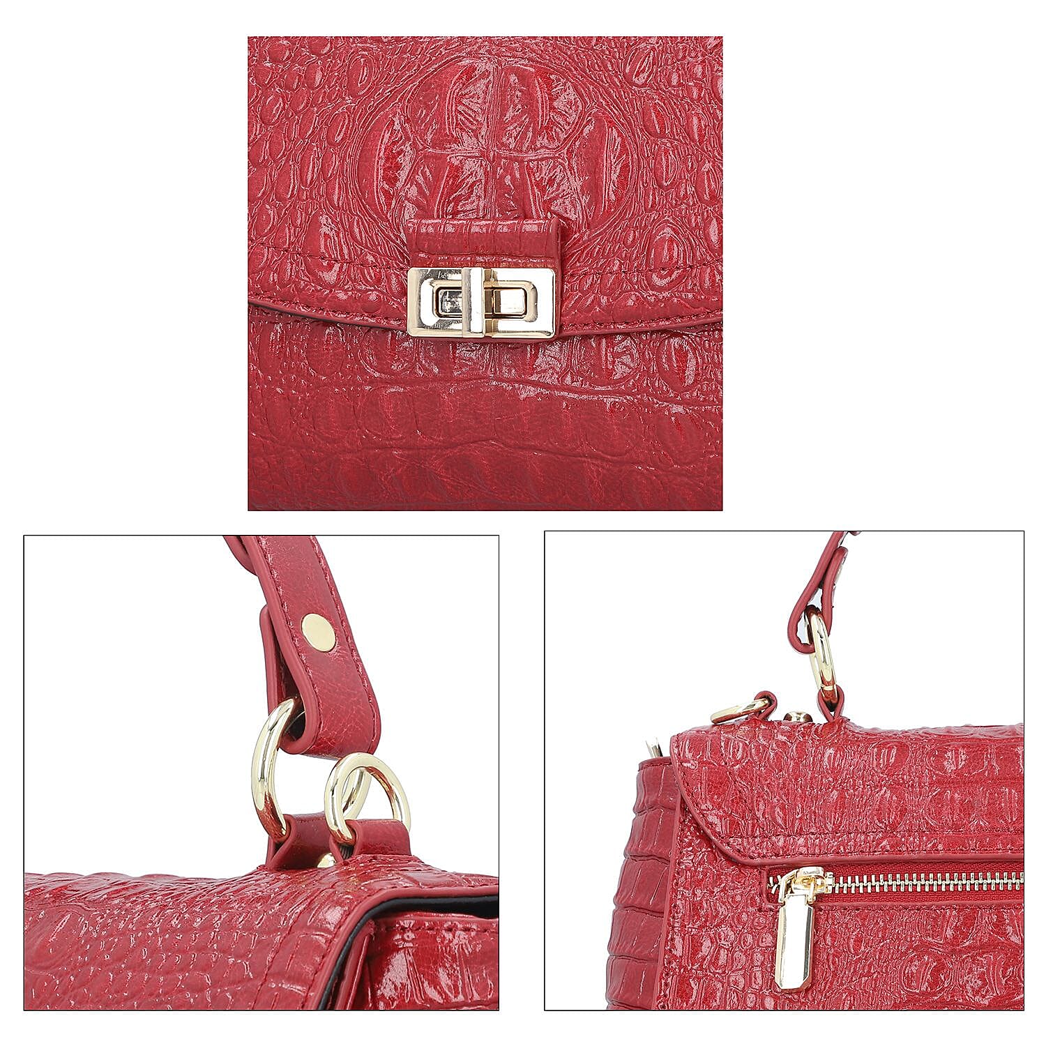 Black Friday Doorbuster - 100% Genuine Leather Croc Embossed Convertible Bag with Detachable Long Strap - Red
