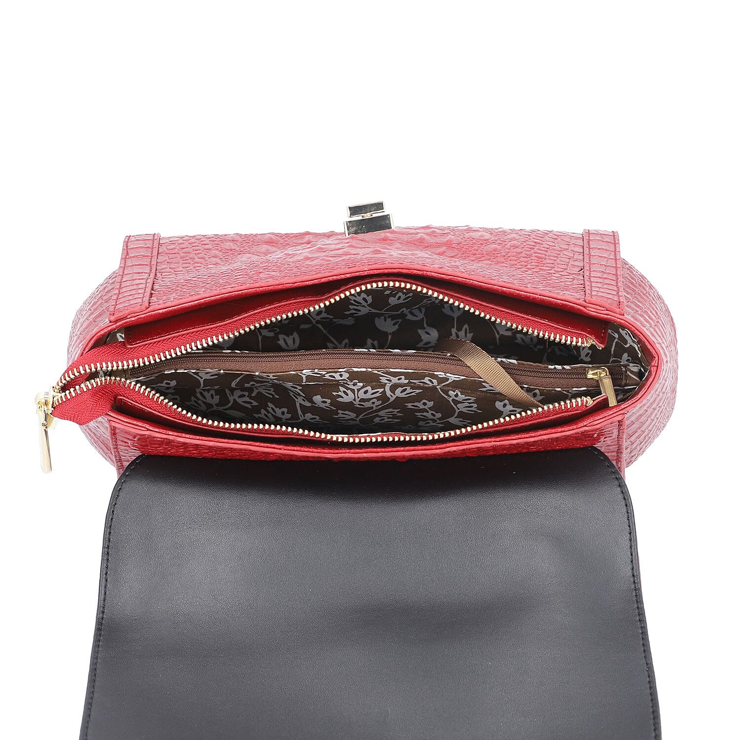 Black Friday Doorbuster - 100% Genuine Leather Croc Embossed Convertible Bag with Detachable Long Strap - Red