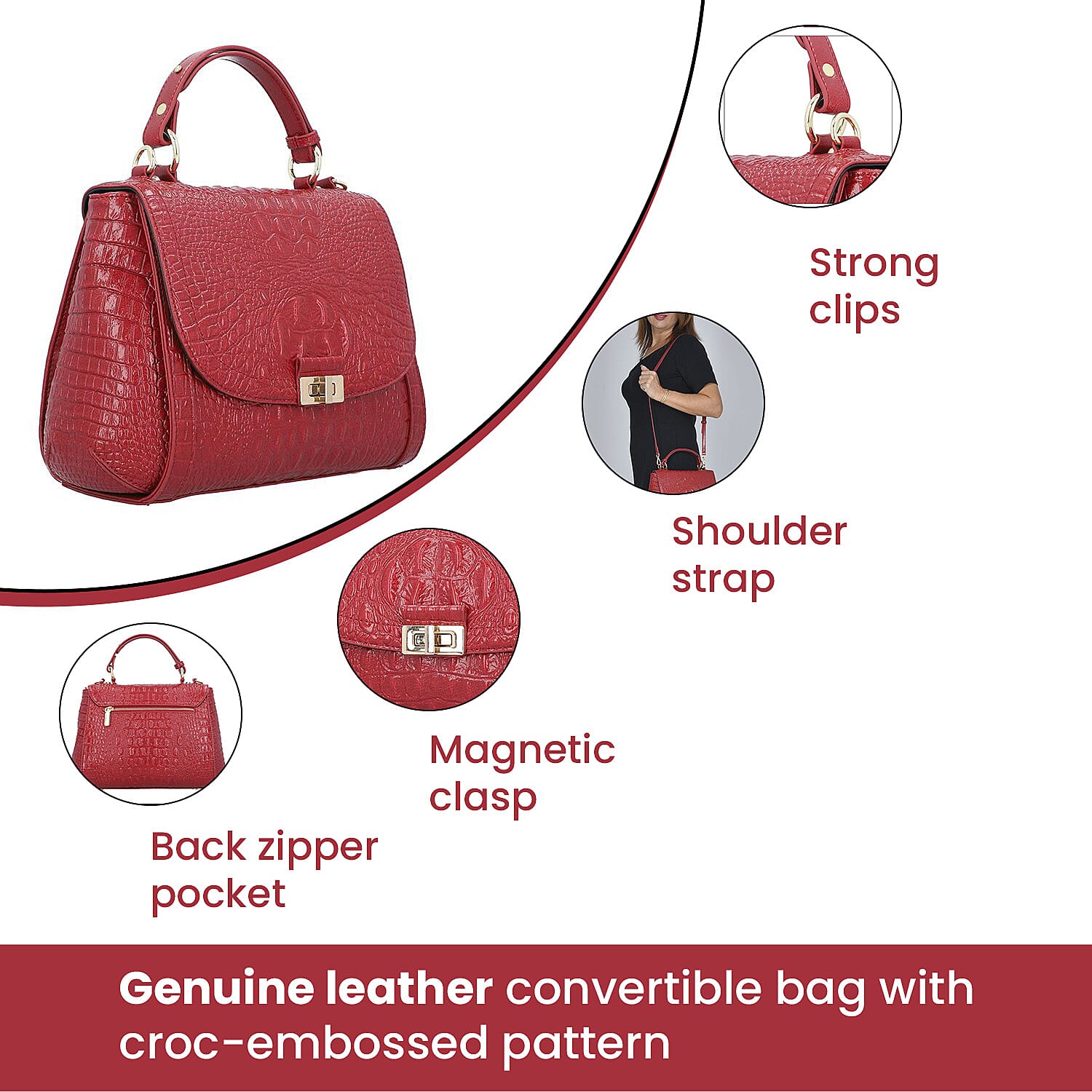 Black Friday Doorbuster - 100% Genuine Leather Croc Embossed Convertible Bag with Detachable Long Strap - Red