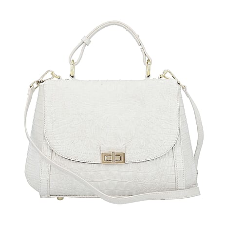 Black Friday Doorbuster - 100% Genuine Leather Croc Embossed Convertible Bag with Detachable Long Strap - Off-White