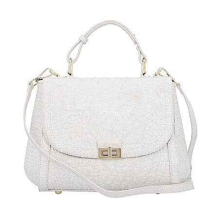 DOORBUSTER DEAL- 100% Genuine Leather Croc Embossed Convertible Bag with Detachable Long Strap - Off-White DOORBUSTER DEAL- 100% Genuine Leather Croc Embossed Convertible Bag with Detachable Long Strap - Off-White