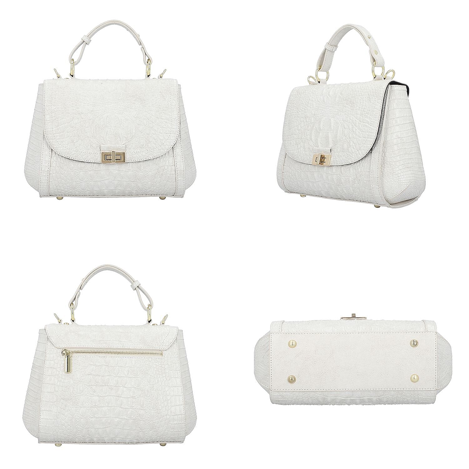 Black Friday Doorbuster - 100% Genuine Leather Croc Embossed Convertible Bag with Detachable Long Strap - Off-White