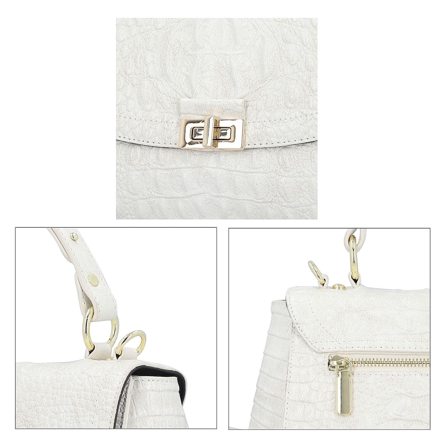 Black Friday Doorbuster - 100% Genuine Leather Croc Embossed Convertible Bag with Detachable Long Strap - Off-White