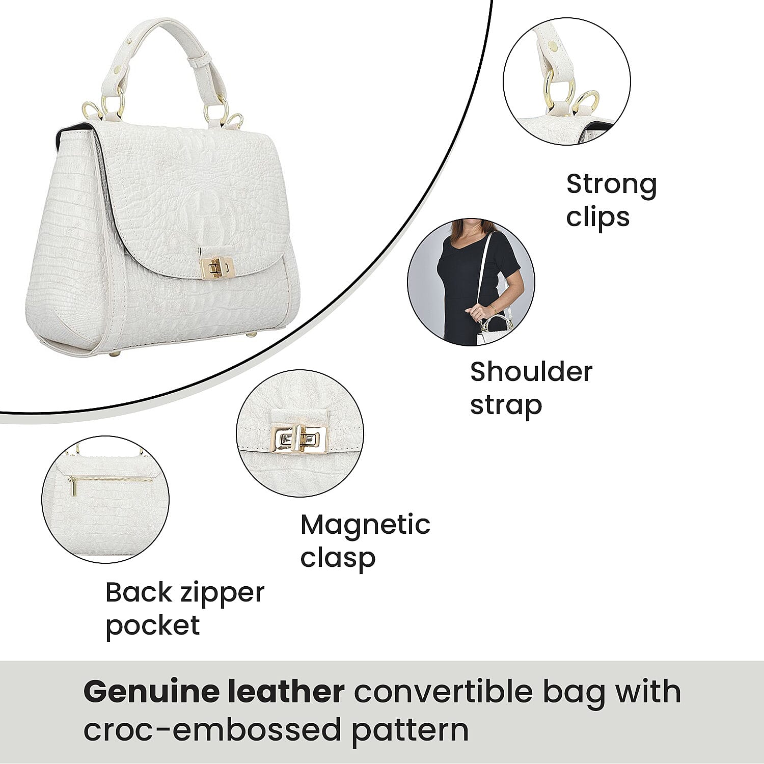 Black Friday Doorbuster - 100% Genuine Leather Croc Embossed Convertible Bag with Detachable Long Strap - Off-White