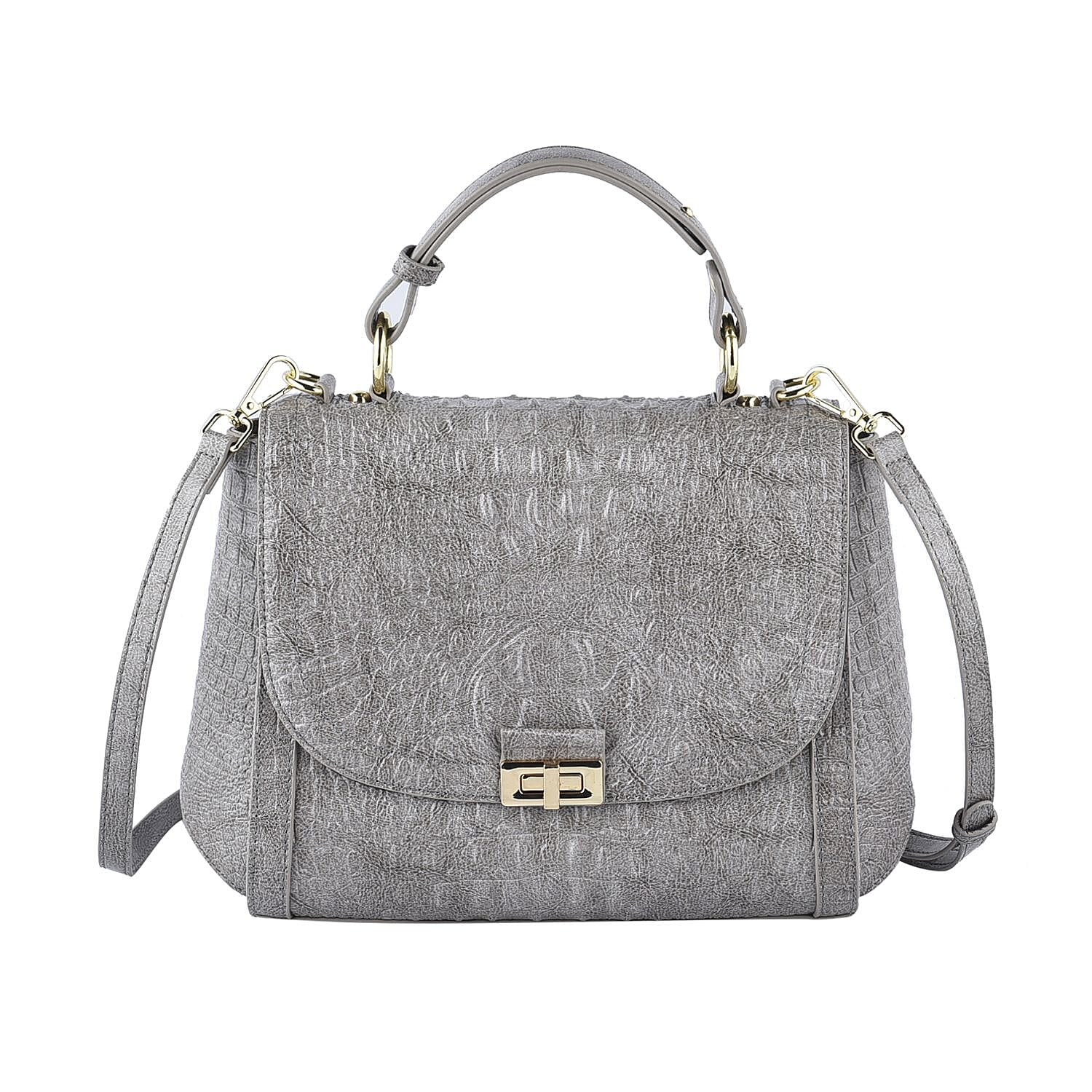 Black Friday Doorbuster -100% Genuine Leather Croc Embossed Convertible Bag with Detachable Long Strap - Grey