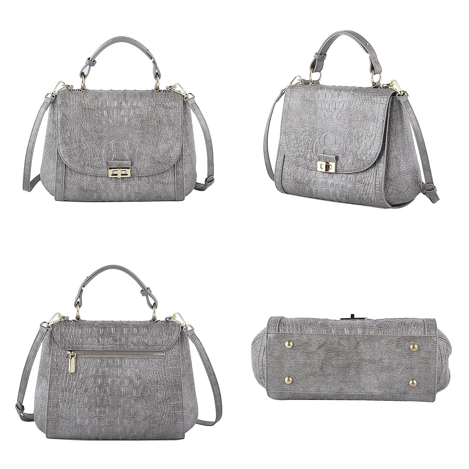 Black Friday Doorbuster -100% Genuine Leather Croc Embossed Convertible Bag with Detachable Long Strap - Grey