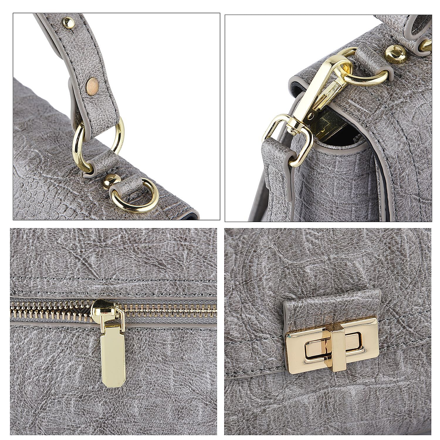 Black Friday Doorbuster -100% Genuine Leather Croc Embossed Convertible Bag with Detachable Long Strap - Grey