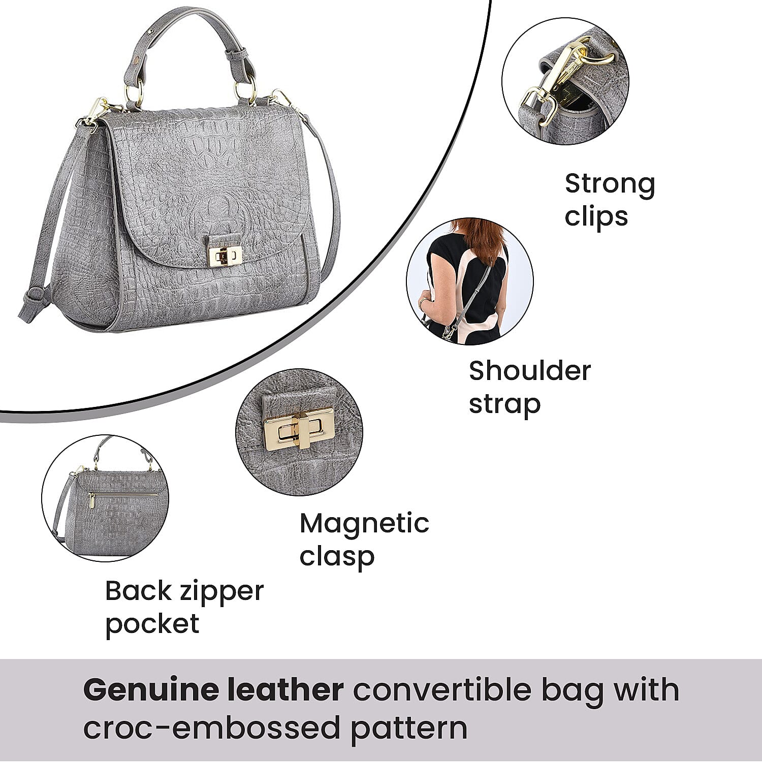Black Friday Doorbuster -100% Genuine Leather Croc Embossed Convertible Bag with Detachable Long Strap - Grey